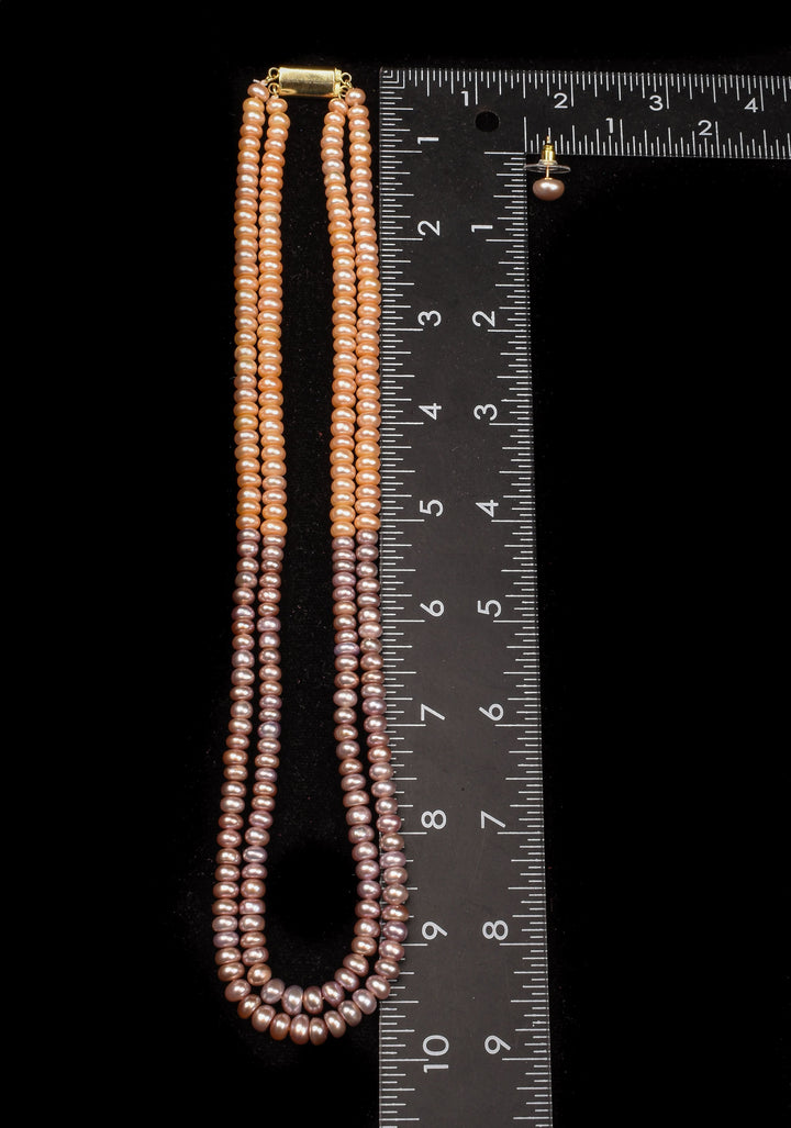 Two Tone 2 strand Pink Peach Button Pearl Necklace Set