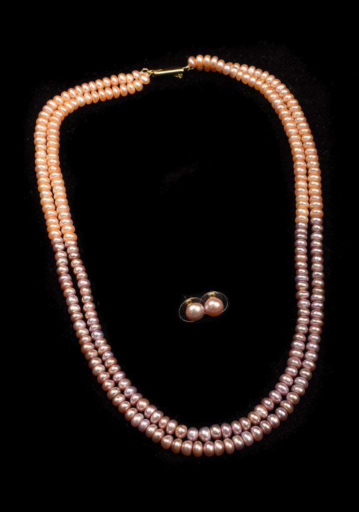 Two Tone 2 strand Pink Peach Button Pearl Necklace Set