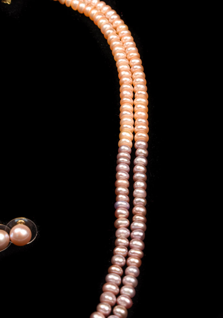 Two Tone 2 strand Pink Peach Button Pearl Necklace Set