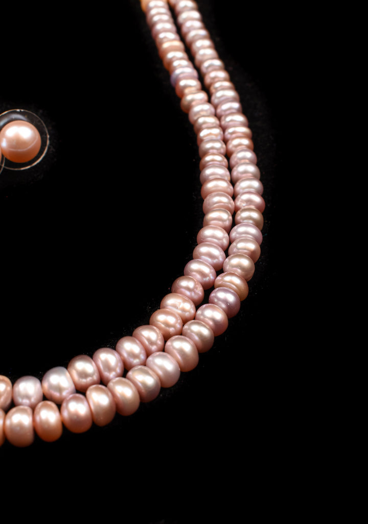 Two Tone 2 strand Pink Peach Button Pearl Necklace Set