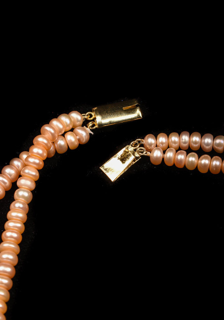 Two Tone 2 strand Pink Peach Button Pearl Necklace Set