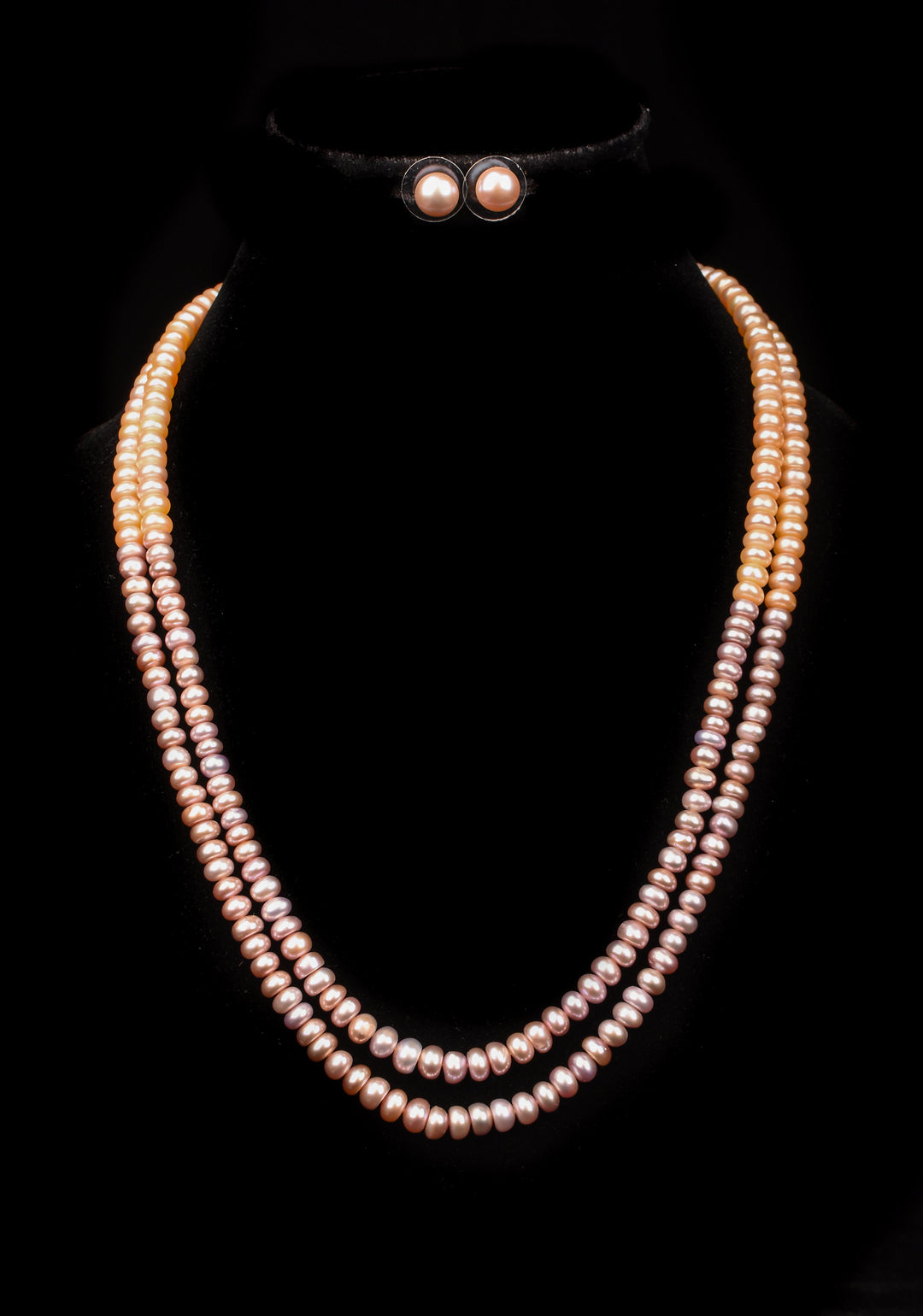 Two Tone 2 strand Pink Peach Button Pearl Necklace Set