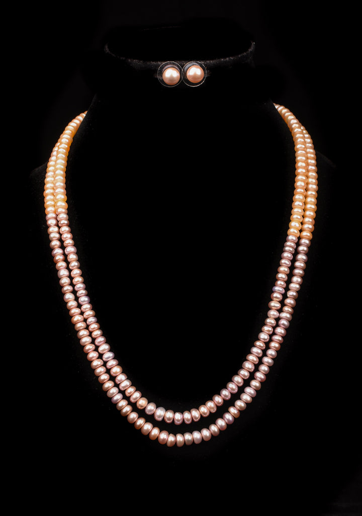 Two Tone 2 strand Pink Peach Button Pearl Necklace Set