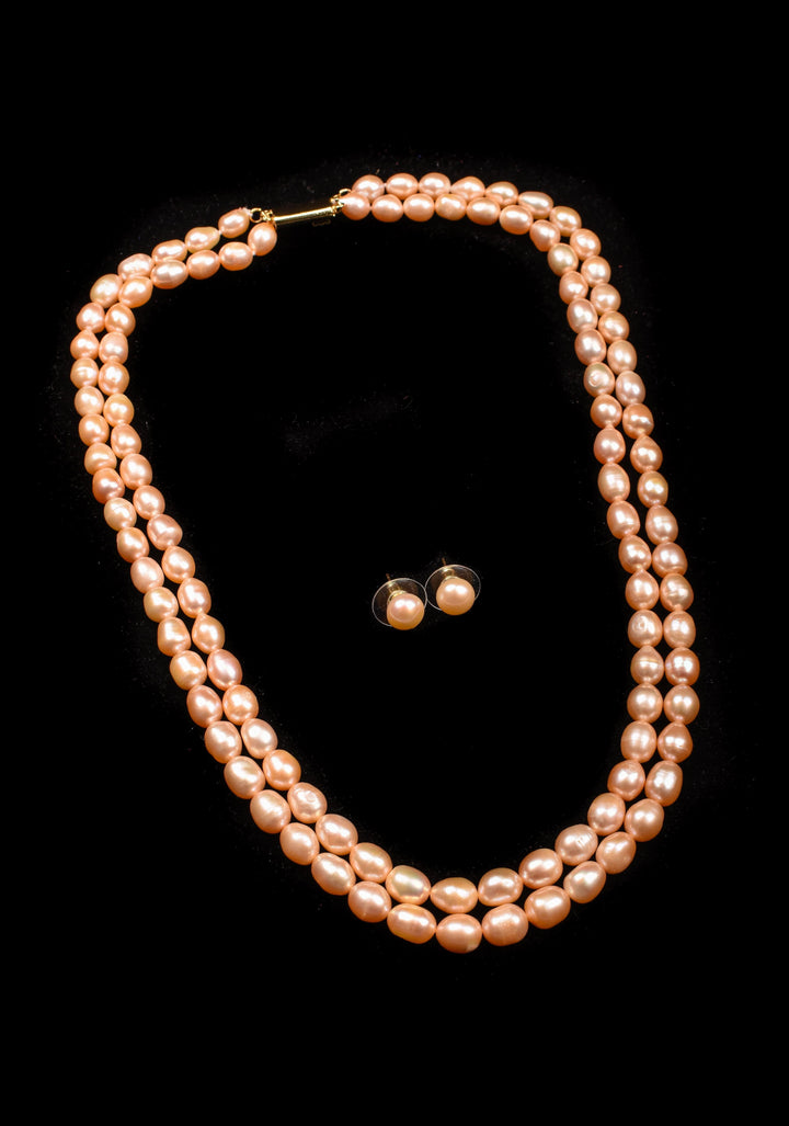 Two Strand Freshwater Oval Shaped Pink Necklace Set