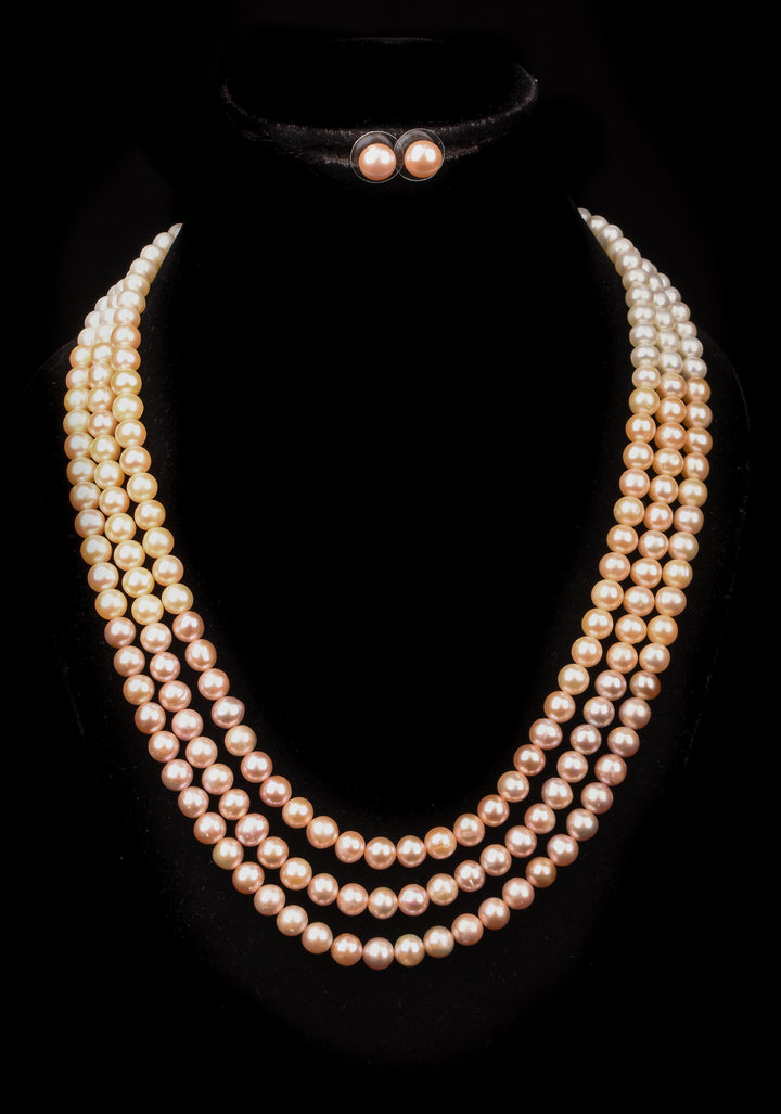 Triple Strand Freshwater Oval Shaped Multicolor Necklace Set