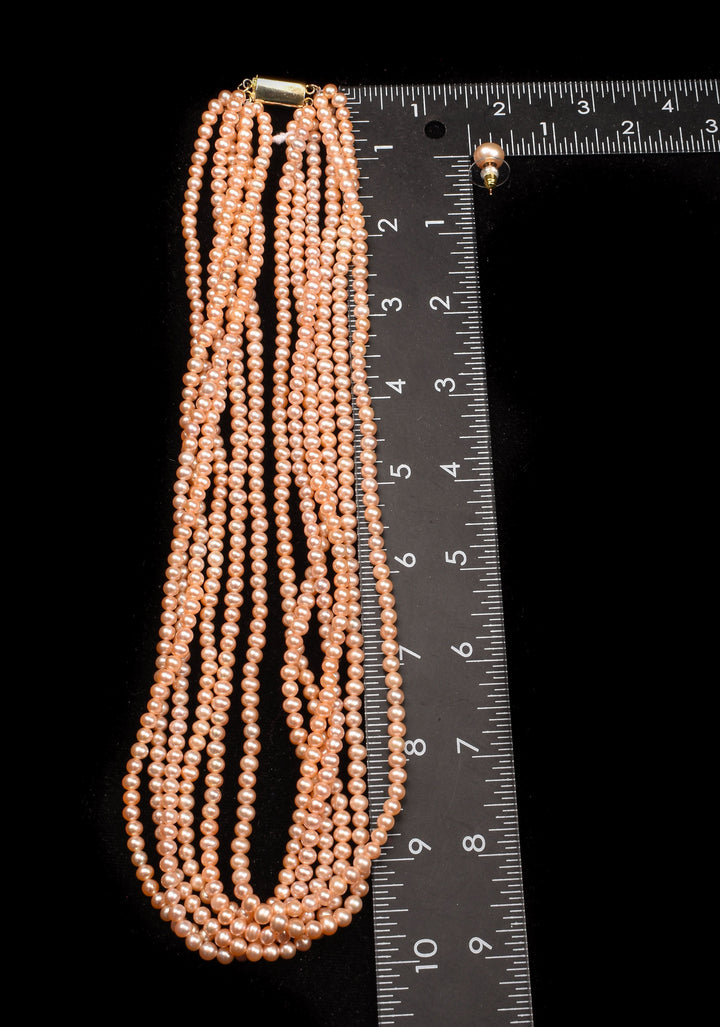 6 Strand Twisted Pink small Pearls, Pure Pearls Necklace and Earring Set
