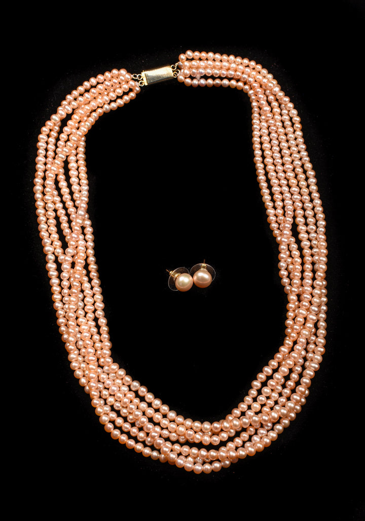 6 Strand Twisted Pink small Pearls, Pure Pearls Necklace and Earring Set