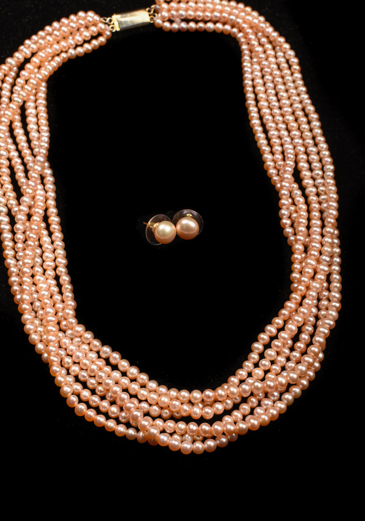 6 Strand Twisted Pink small Pearls, Pure Pearls Necklace and Earring Set