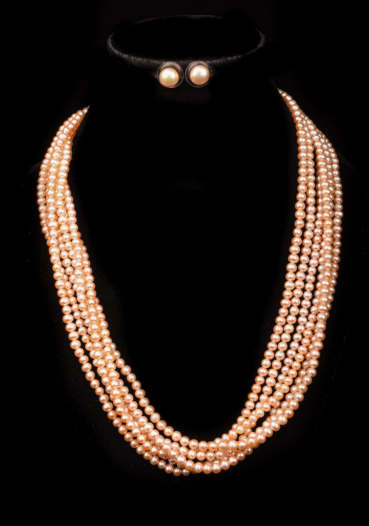 6 Strand Twisted Pink small Pearls, Pure Pearls Necklace and Earring Set