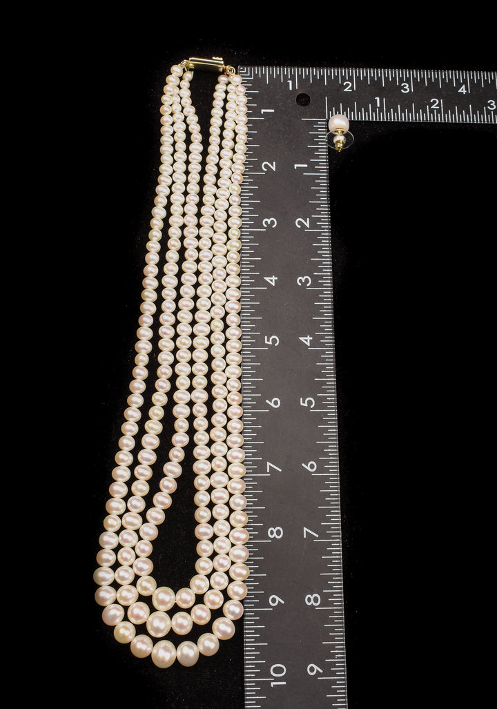Royal 3 Strand White Button Pearl Necklace Set