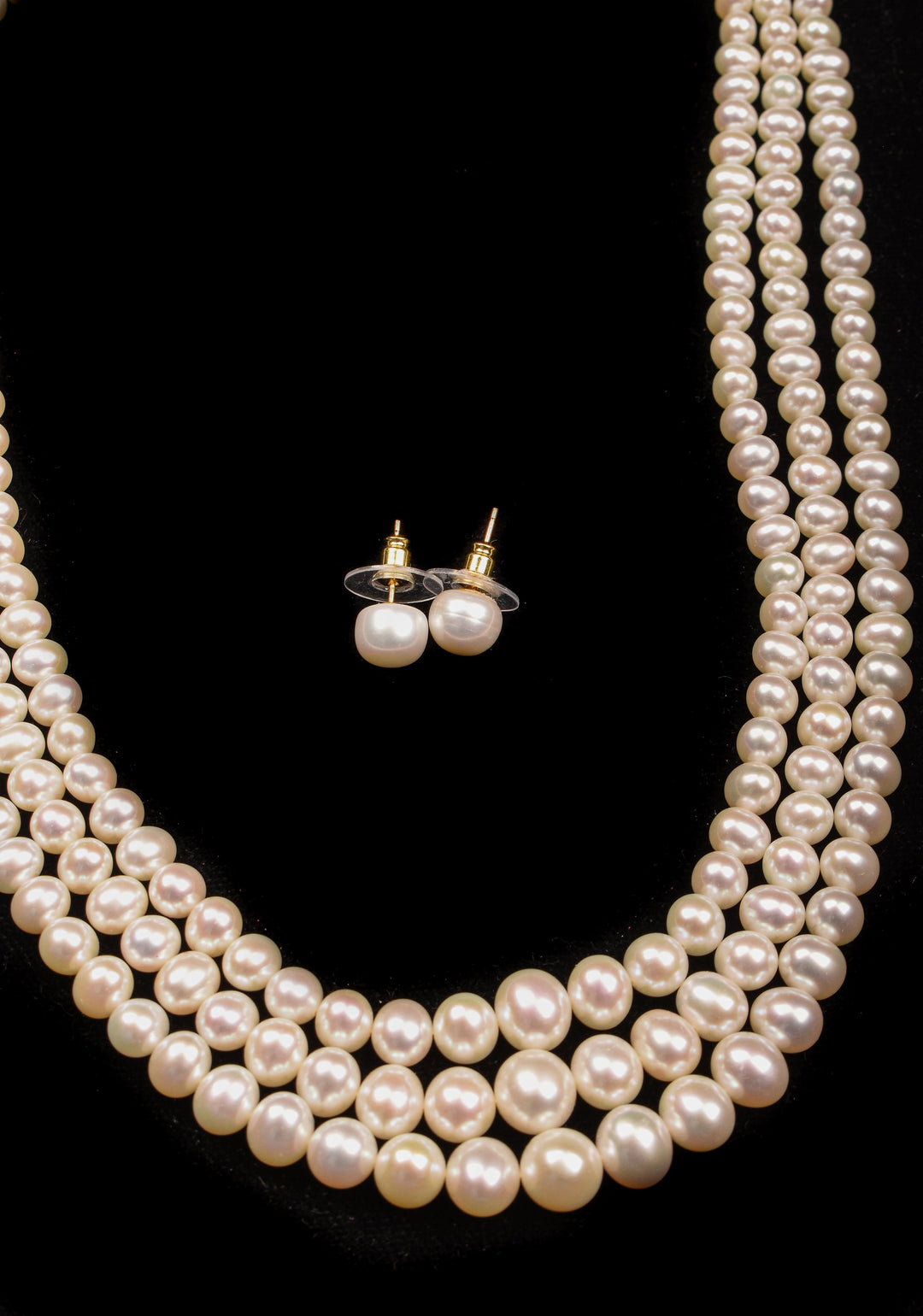 Royal 3 Strand White Button Pearl Necklace Set