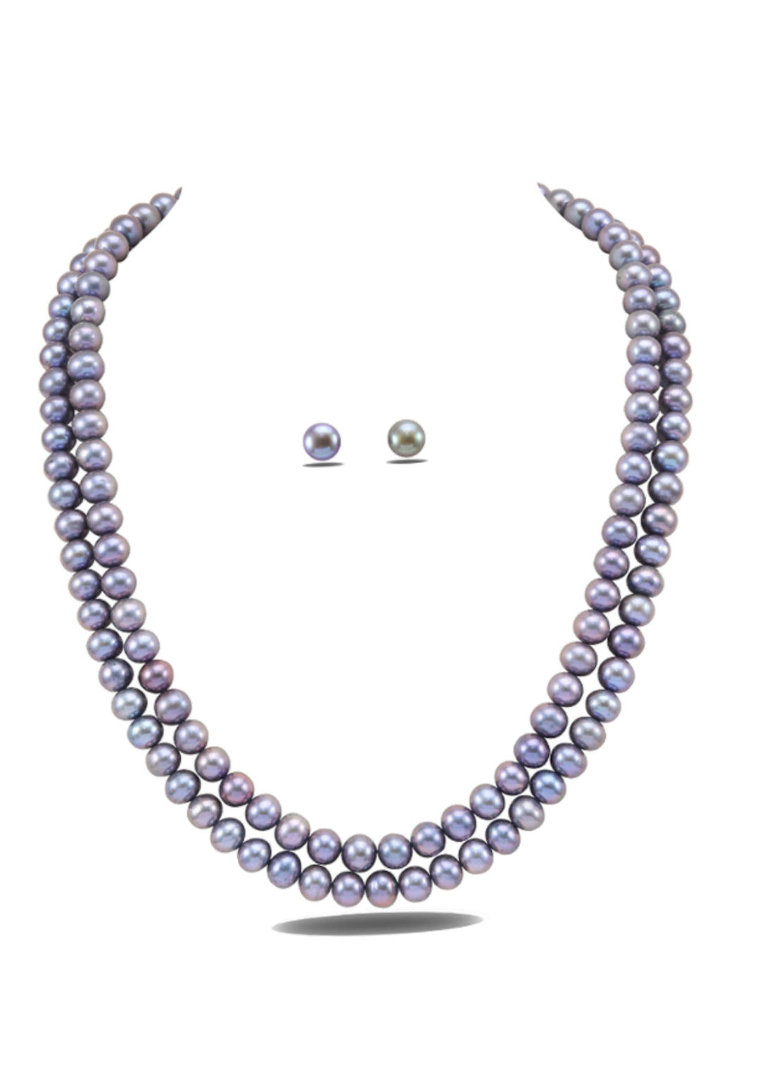 Gray Black Iridescent Real Pearls 2 Strand Necklace and Stud earrings Set