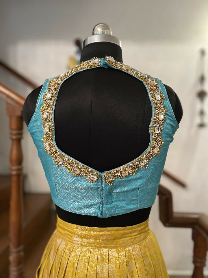 Mustard, yellow with Aqua blue Semi Kanchi lehanga Set