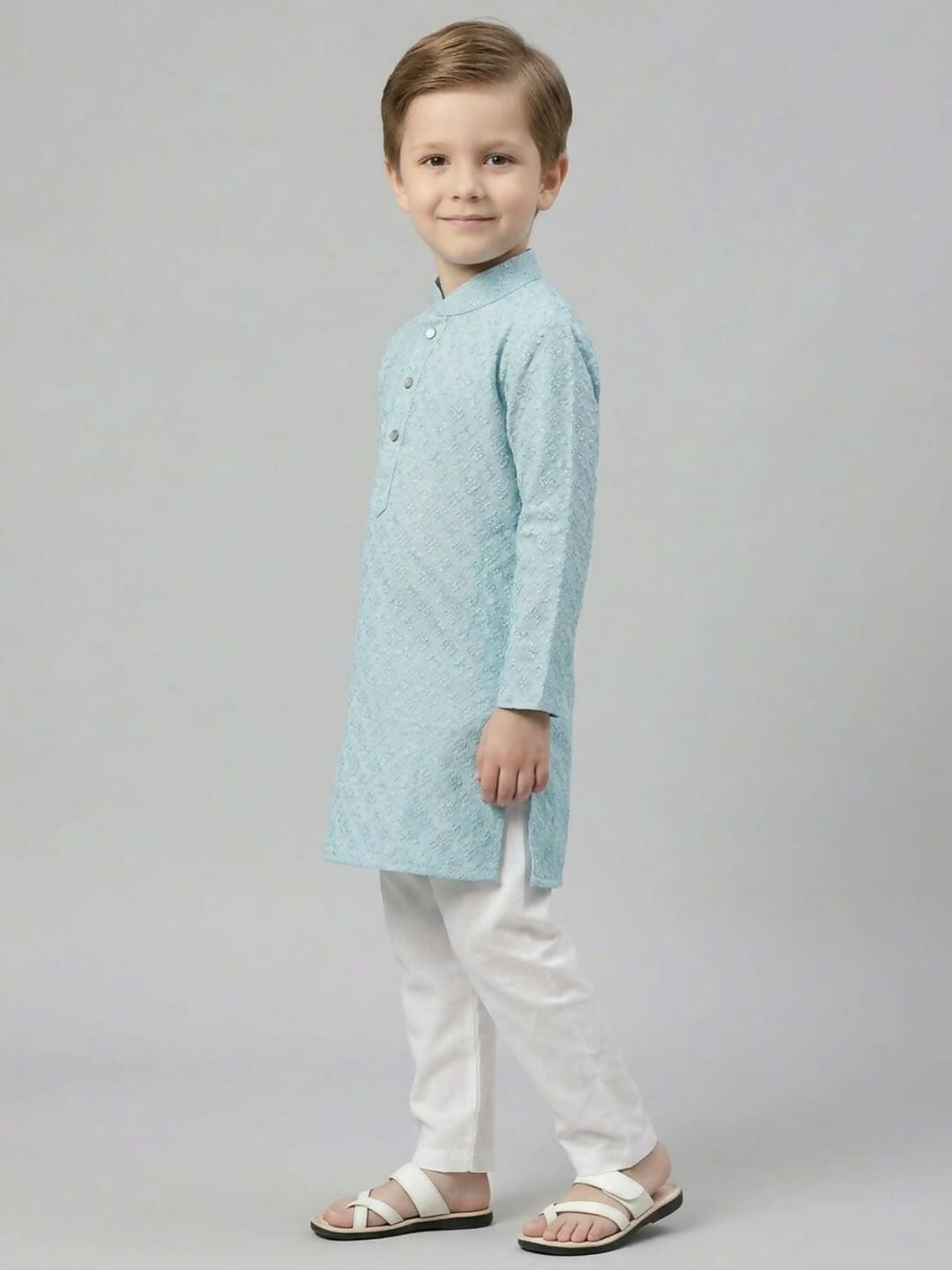 Boys Teal Textured Kurta Pajama Set | Ethnic Wear for Kids | SHOBITAM
