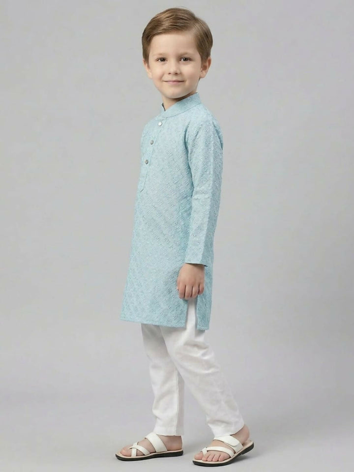 Boys Teal Textured Kurta Pajama Set | Ethnic Wear for Kids | SHOBITAM