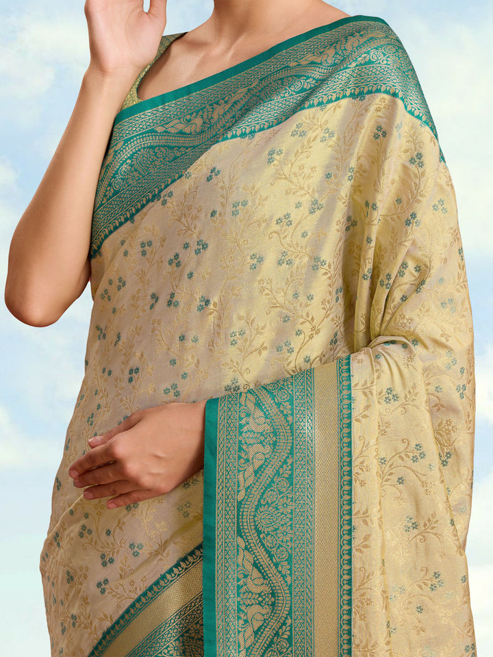 Beige Color Zari Woven Faux Banarasi Tissue Silk Saree | SHOBITAM