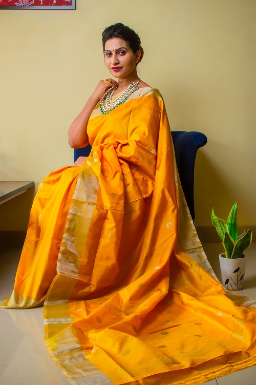 Rukmini - Handwoven Yellow Silk Saree | SILK MARK CERTIFIED | SHOBITAM