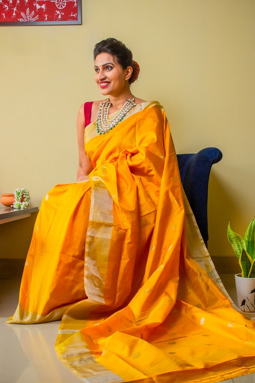 Rukmini - Handwoven Yellow Silk Saree | SILK MARK CERTIFIED | SHOBITAM