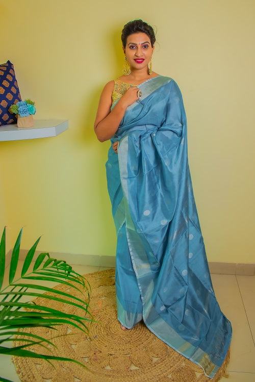 Laya - Handwoven Grey Silk Saree | SILK MARK CERTIFIED | SHOBITAM