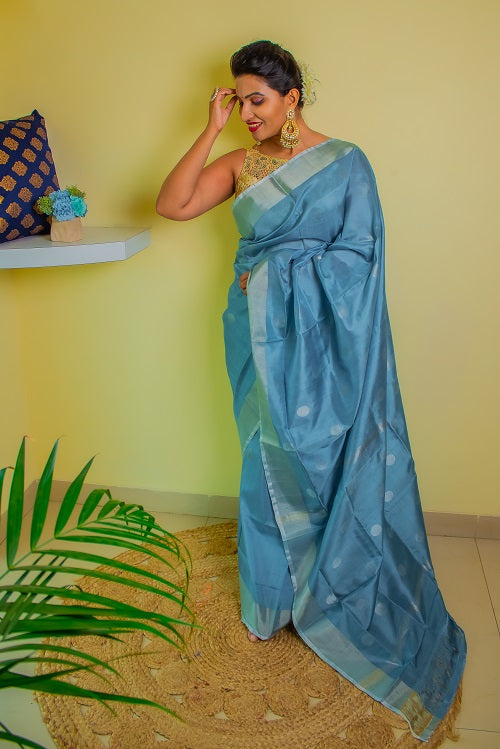 Laya - Handwoven Grey Silk Saree | SILK MARK CERTIFIED | SHOBITAM