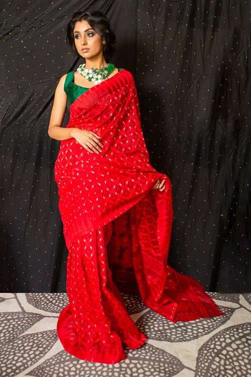 Zarina - Ravishing Red Jamdani saree | SHOBITAM