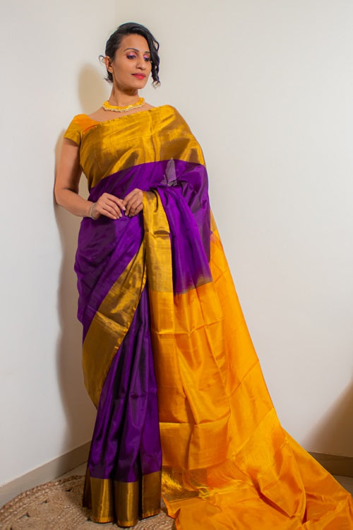 Ishta - Purple Yellow Handwoven Silk Saree | SILK MARK CERTIFIED | SHOBITAM