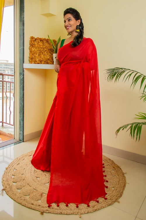 Watermelon Blush - Handloom Cotton Saree | SHOBITAM