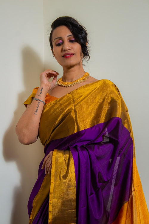 Ishta - Purple Yellow Handwoven Silk Saree | SILK MARK CERTIFIED | SHOBITAM