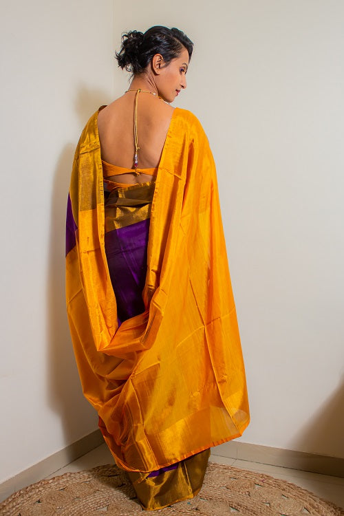 Ishta - Purple Yellow Handwoven Silk Saree | SILK MARK CERTIFIED | SHOBITAM