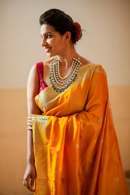 Rukmini - Handwoven Yellow Silk Saree | SILK MARK CERTIFIED | SHOBITAM