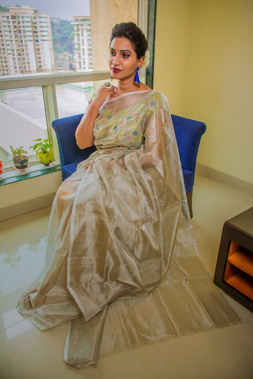 The Zari Sheen - Silver Handwoven Uppada Tissue Silk Saree | SILK MARK CERTIFIED | SHOBITAM