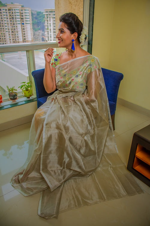 The Zari Sheen - Silver Handwoven Uppada Tissue Silk Saree | SILK MARK CERTIFIED | SHOBITAM
