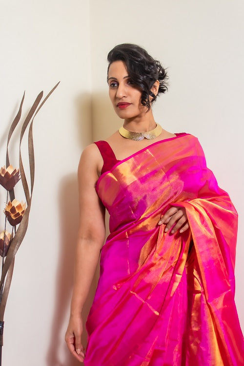 The Zari Sheen - Pink Handwoven Uppada Tissue Silk Saree | SILK MARK CERTIFIED | SHOBITAM