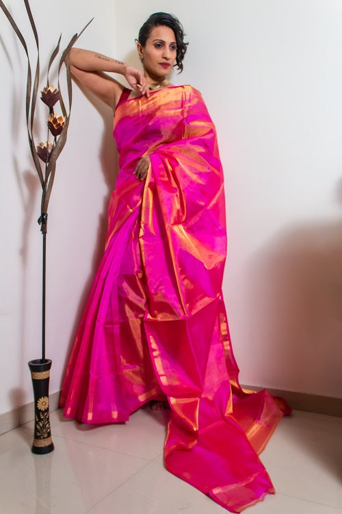The Zari Sheen - Pink Handwoven Uppada Tissue Silk Saree | SILK MARK CERTIFIED | SHOBITAM
