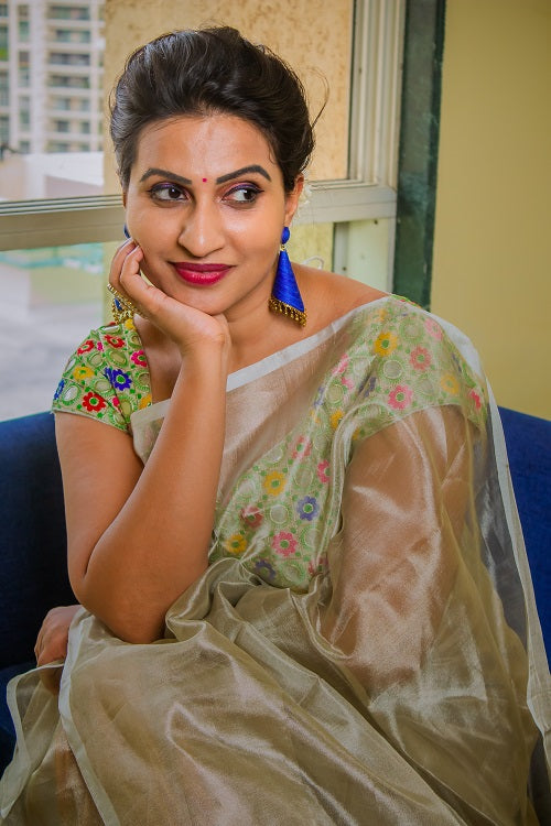 The Zari Sheen - Silver Handwoven Uppada Tissue Silk Saree | SILK MARK CERTIFIED | SHOBITAM