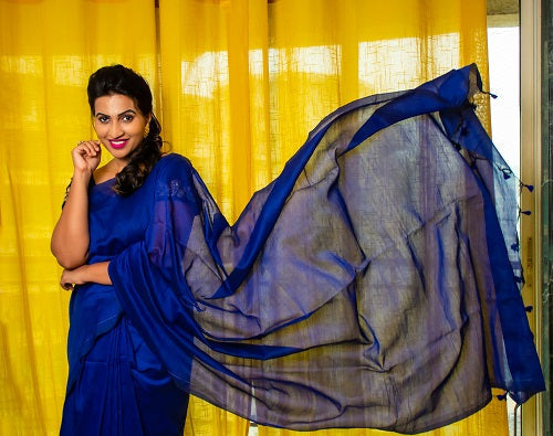 Morning Glory - Handloom Blue Cotton Saree- SHOBITAM