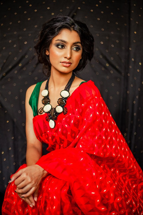 Zarina - Ravishing Red Jamdani saree | SHOBITAM