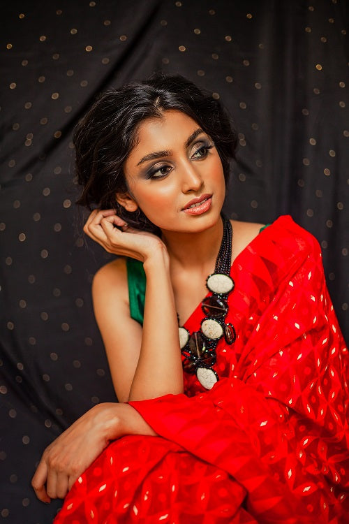 Zarina - Ravishing Red Jamdani saree | SHOBITAM