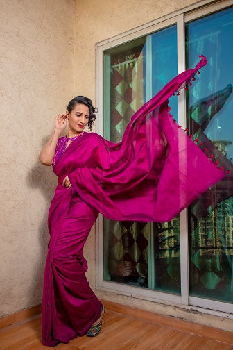 Aarya - Handloom Plum Colour Cotton Saree | shobitam