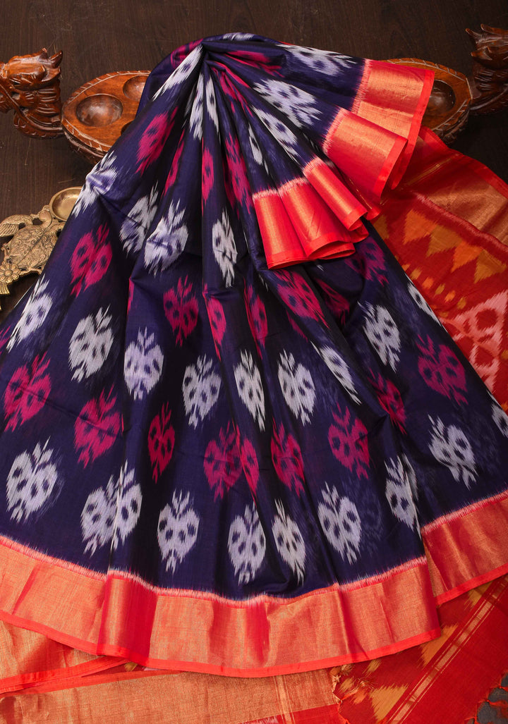 Bluish Purple Handwoven Ikkat  Silk Cotton Saree with Contrast Border