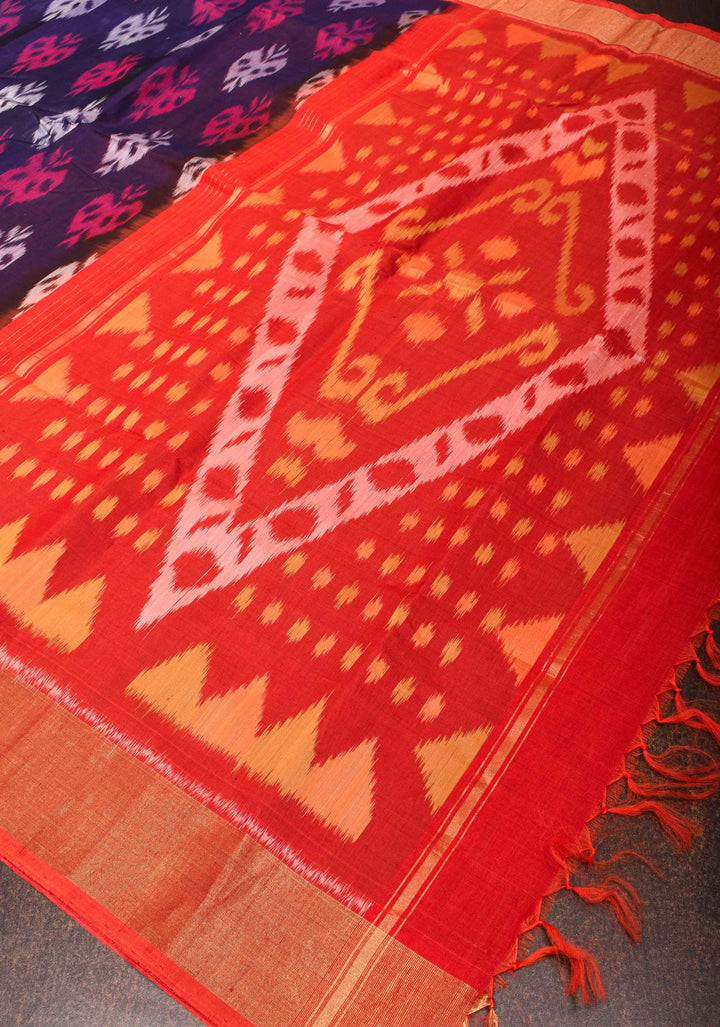 Bluish Purple Handwoven Ikkat  Silk Cotton Saree with Contrast Border