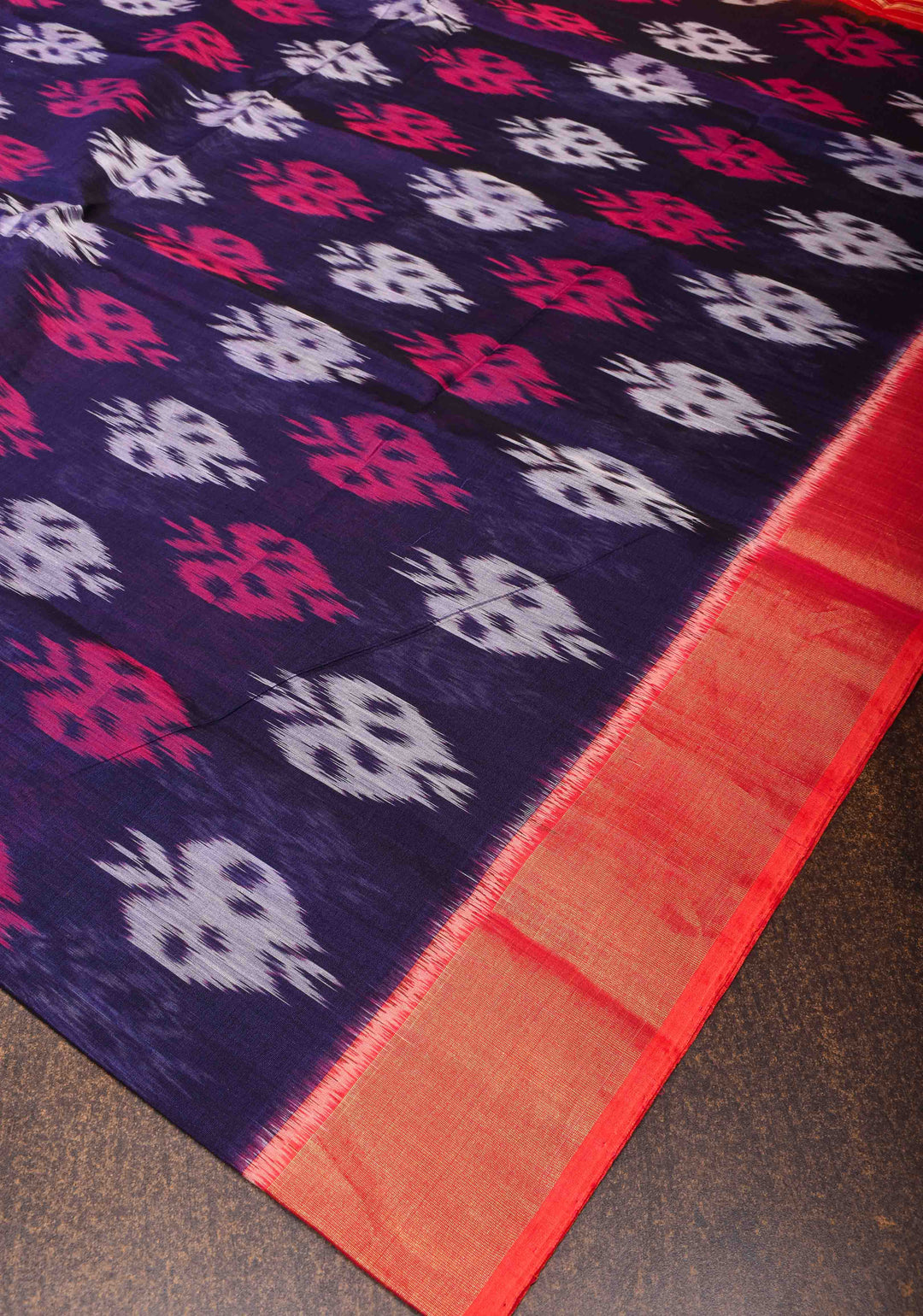 Bluish Purple Handwoven Ikkat  Silk Cotton Saree with Contrast Border