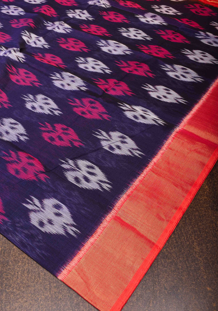 Bluish Purple Handwoven Ikkat  Silk Cotton Saree with Contrast Border