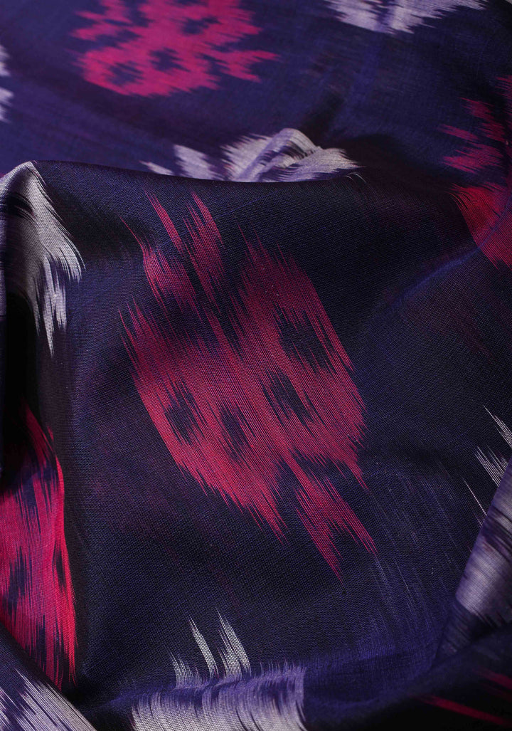 Bluish Purple Handwoven Ikkat  Silk Cotton Saree with Contrast Border