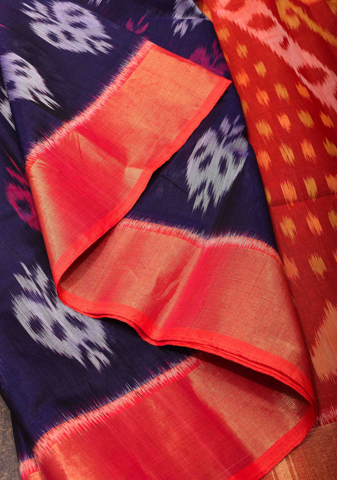 Bluish Purple Handwoven Ikkat  Silk Cotton Saree with Contrast Border