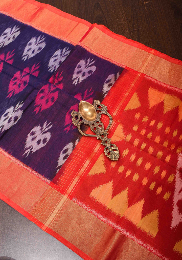 Bluish Purple Handwoven Ikkat  Silk Cotton Saree with Contrast Border