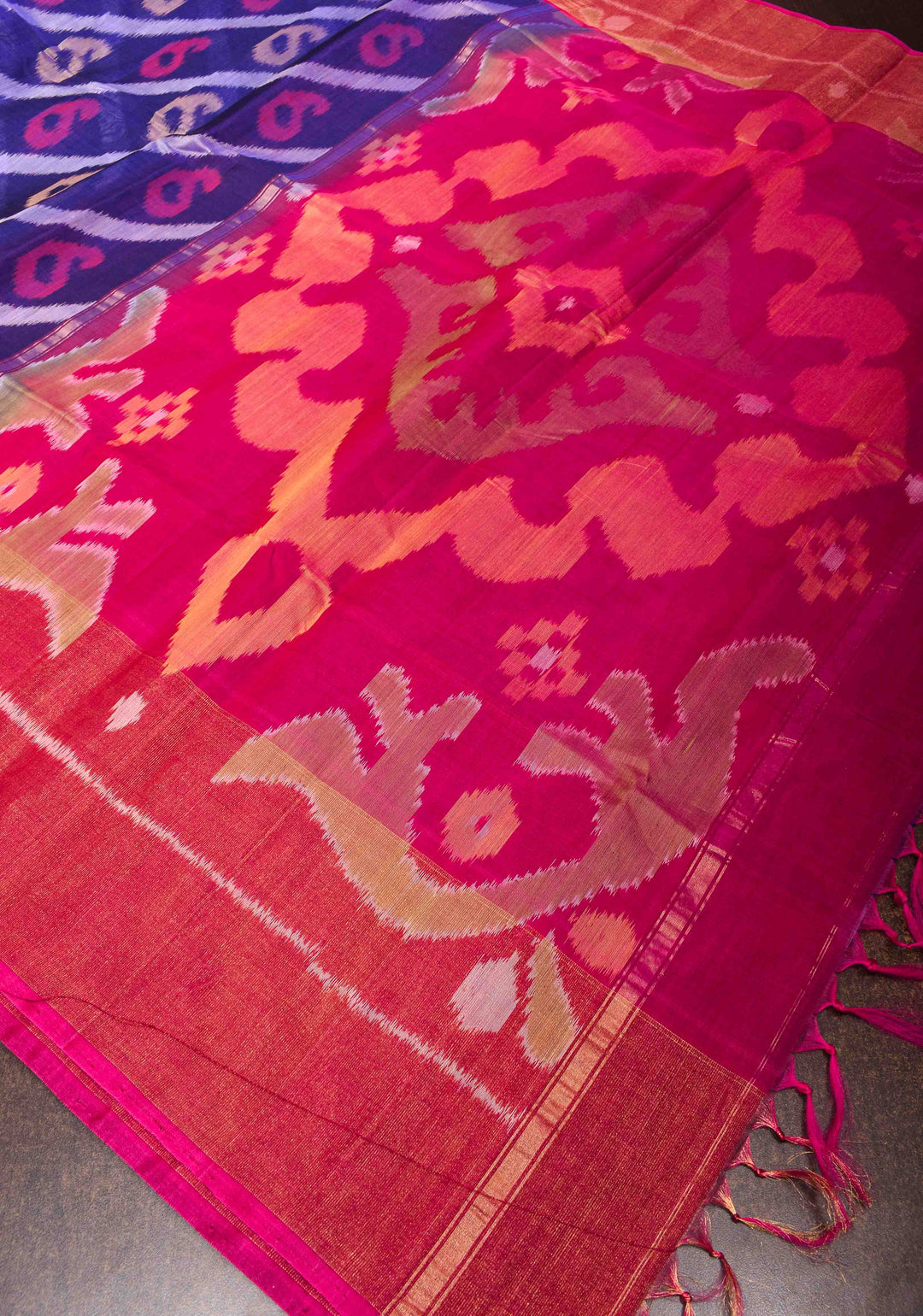Deep Blue Handwoven Ikkat  Silk Cotton Saree with Contrast Border