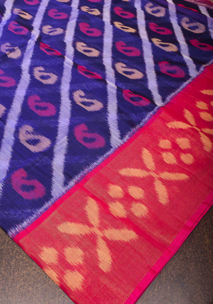 Deep Blue Handwoven Ikkat  Silk Cotton Saree with Contrast Border