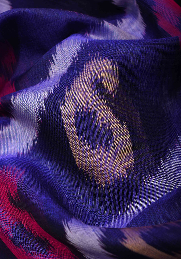 Deep Blue Handwoven Ikkat  Silk Cotton Saree with Contrast Border