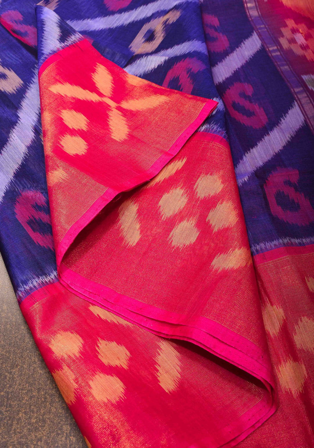 Deep Blue Handwoven Ikkat  Silk Cotton Saree with Contrast Border